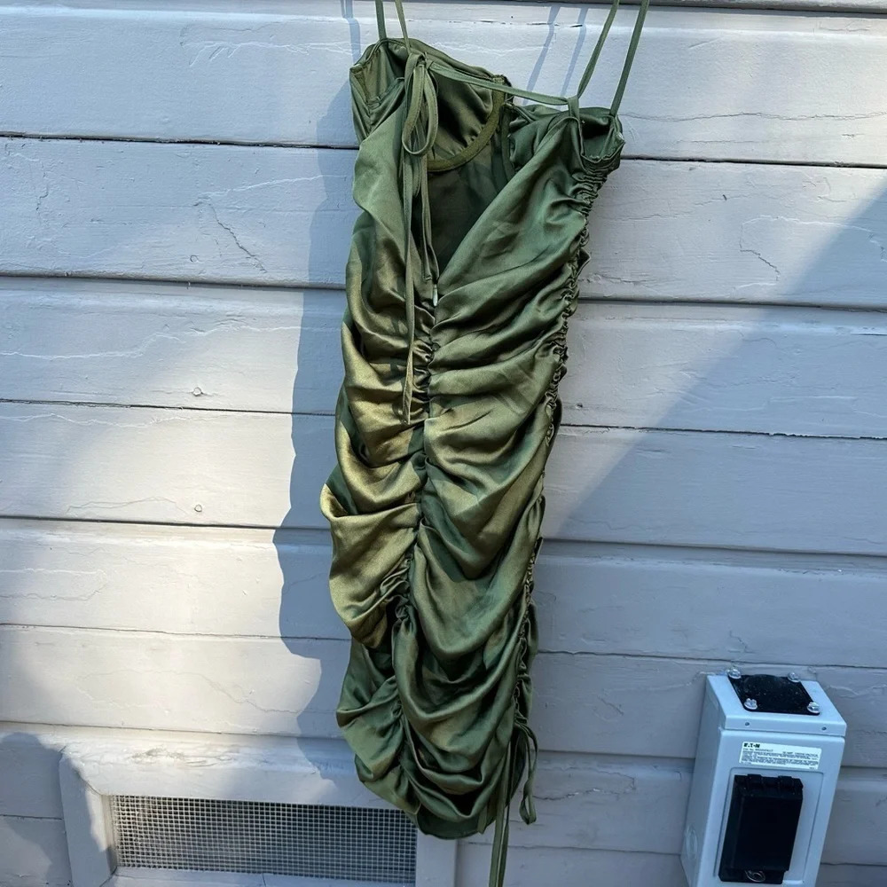 Mistress Rocks 'AFTERGLOW' Olive Asymmetric Ruched Mini Dress size XS - Picture 8 of 9